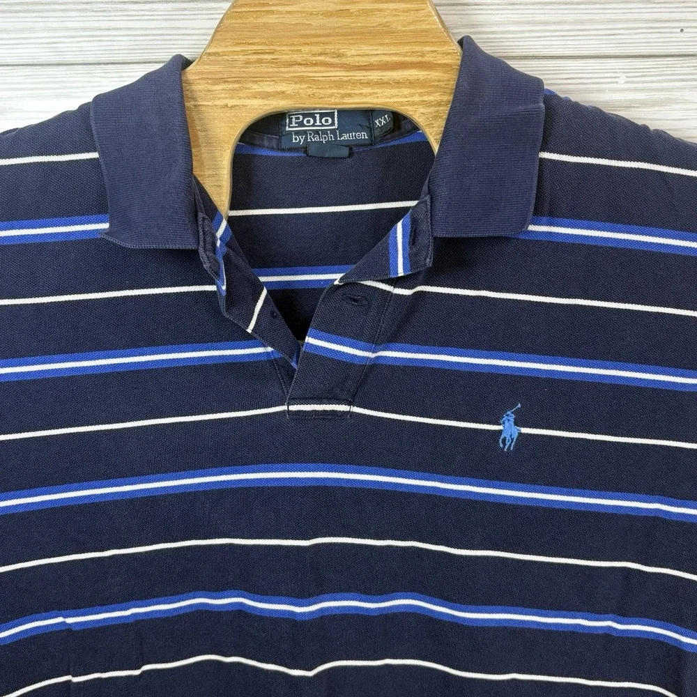 Polo‎ Ralph Lauren Men's Polo Golf Shirt Sz 2XL Navy Blue WithWhite Stripes